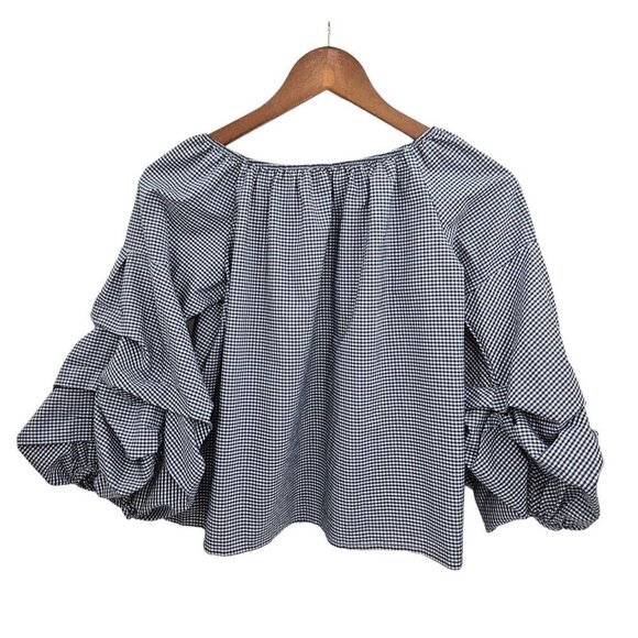 Favori Top Sz S 4 6 EU 38 Balloon Ruffle 3/4 Drop Sleeve Cropped Gingham Blue - Picture 7 of 12
